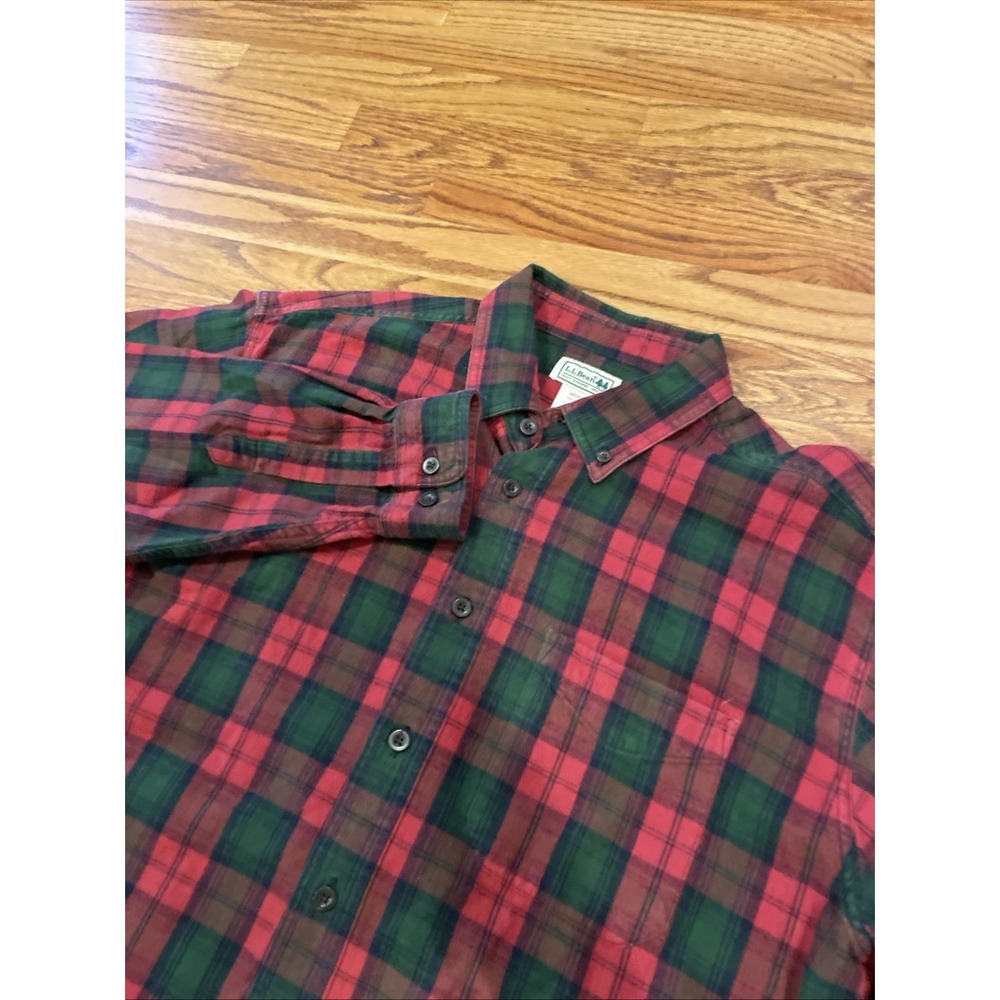 LL‎ Bean Men's Flannel Shirt Red Green Plaid 100% Cotton Size Large Regular